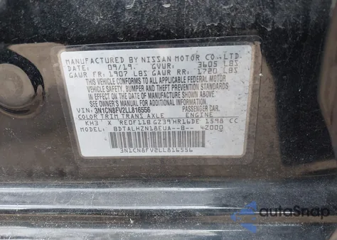 2020 Nissan Versa Sr Xtronic Cvt из США, поврежденный, VIN 3N1CN8FV2LL816556